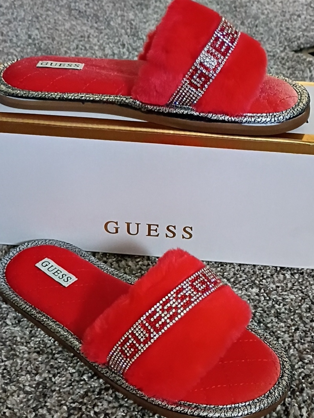 GUESS Red Faux Fur Slide Sandals with Crystal Logo Band